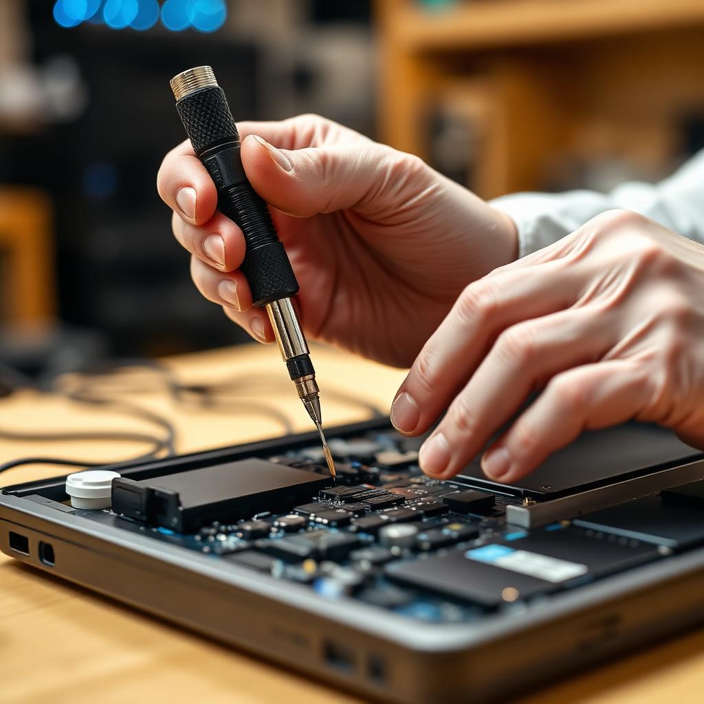 Technician repairing an open laptop